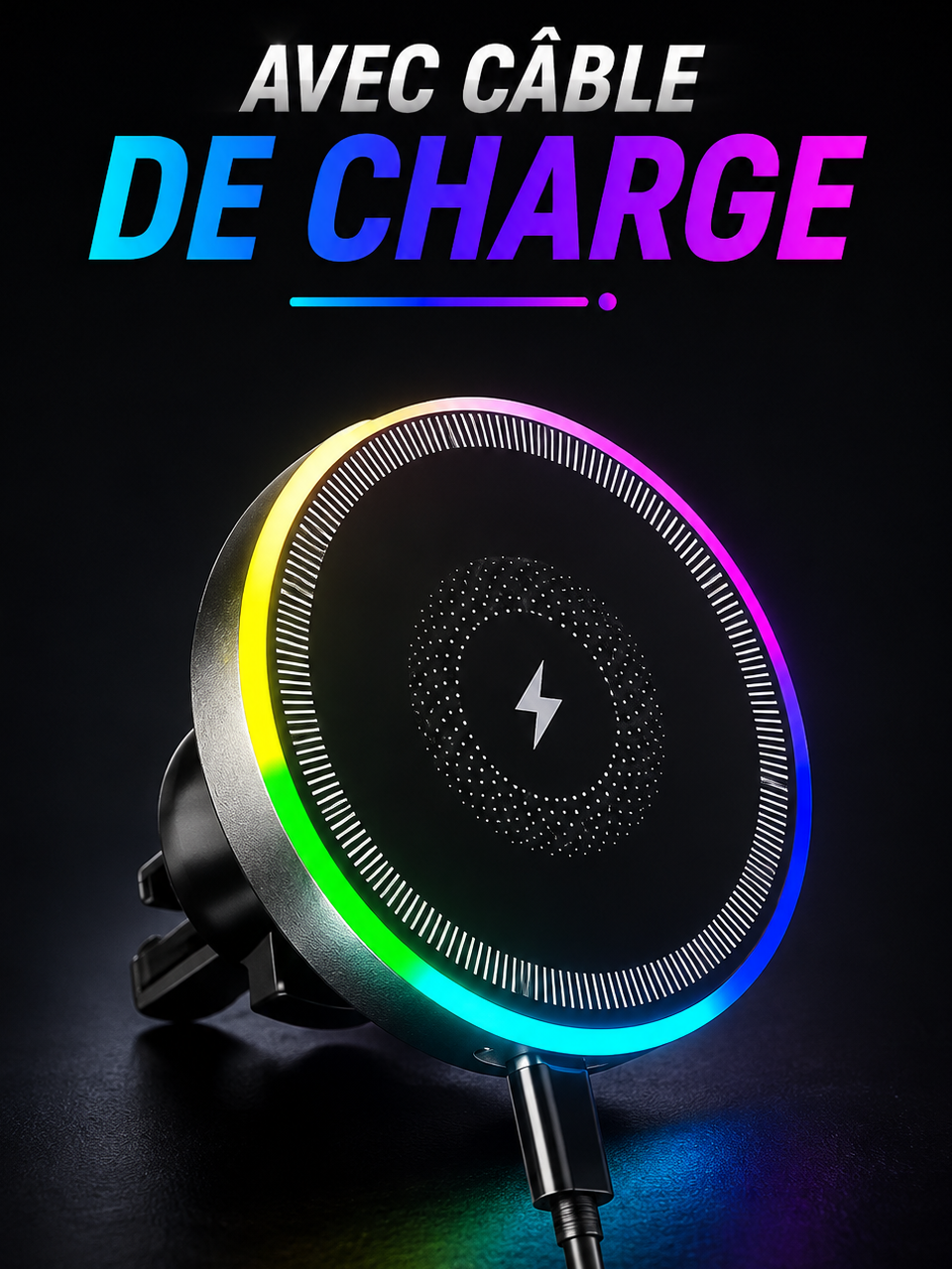 Support téléphone magnétique RGB noir avec câble pour voiture